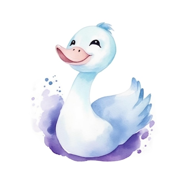 Watercolor illustration of a duck with purple paint.