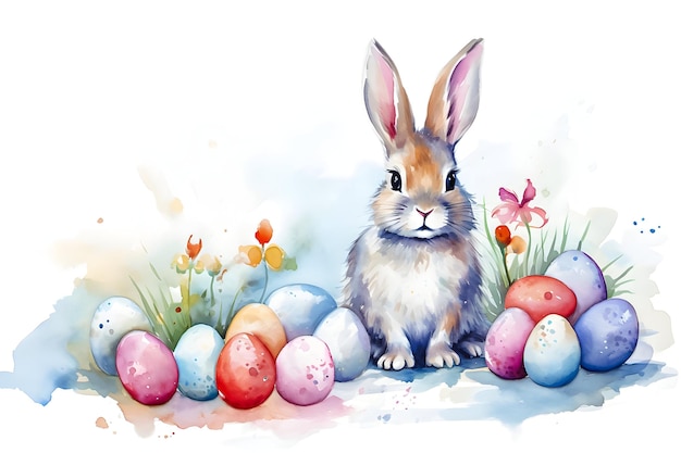 Watercolor illustration of a easter bunny with easter eggs