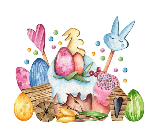Акварельная иллюстрация Пасхальный торт цветные яйца в деревянной тележке тюльпаны птичий домик