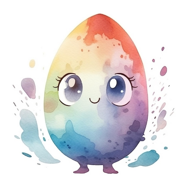 Watercolor illustration of a easter egg with a cute face.