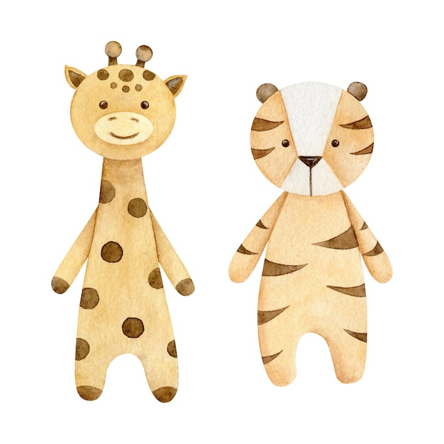 Watercolor illustration eco baby toys Nursery decor giraffe and tiger