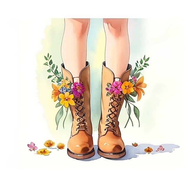 Foto illustrazione ad acquerello di eleganti gambe femminili in stivali alla moda su uno sfondo di fiori in primo piano