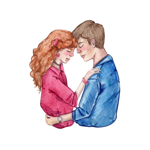 Watercolor illustration of an embracing couple Lovers Valentines day The style of the 80s