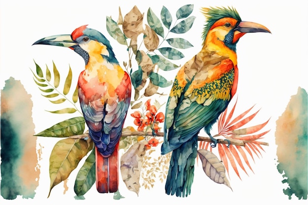 Watercolor illustration of Exotic Birds Generative Ai