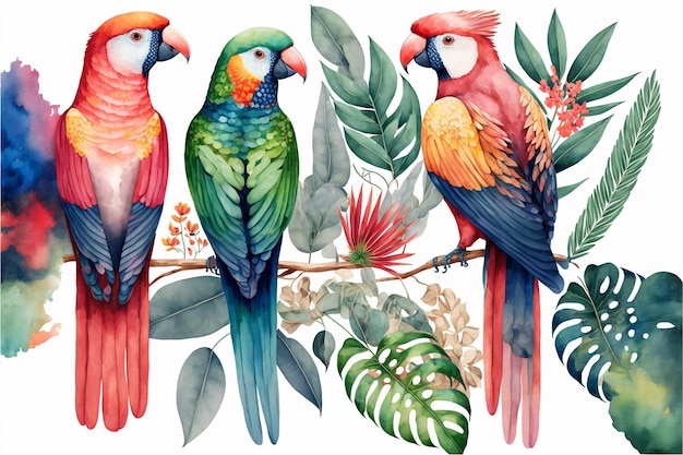 Watercolor illustration of exotic birds tropical concept,
isolated, flat lay