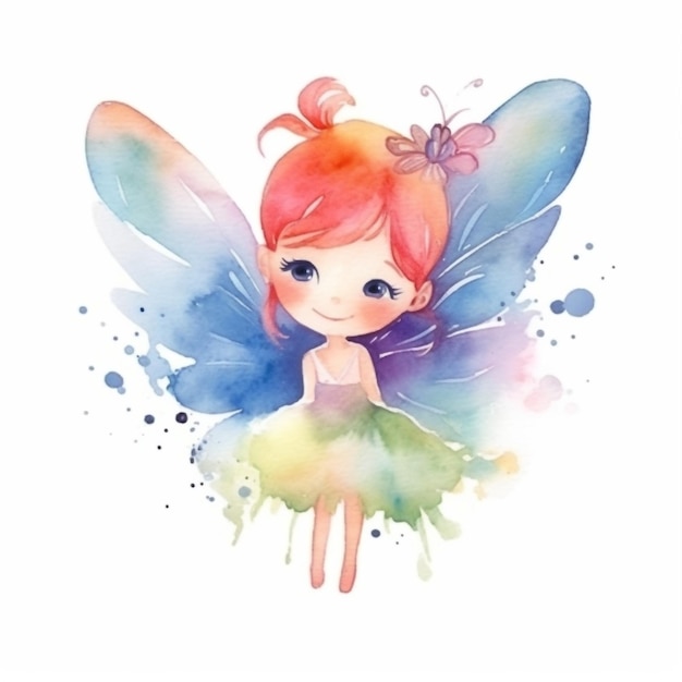 Watercolor illustration of a fairy girl with a butterfly on her head.