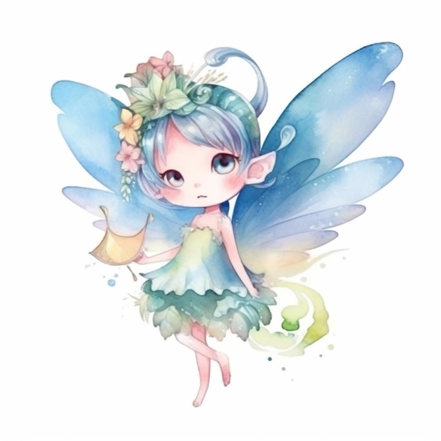 A watercolor illustration of a fairy with a lightbulb on her head.