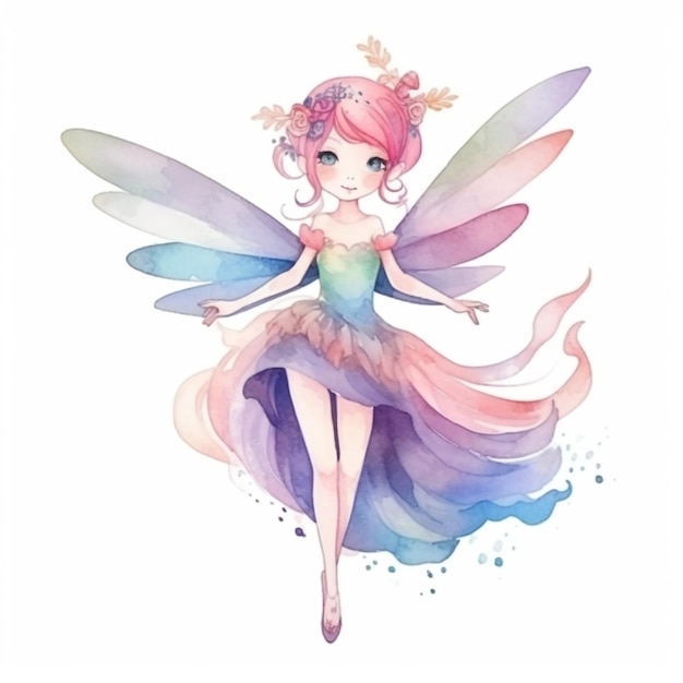 A watercolor illustration of a fairy with a rainbow dress and a crown.