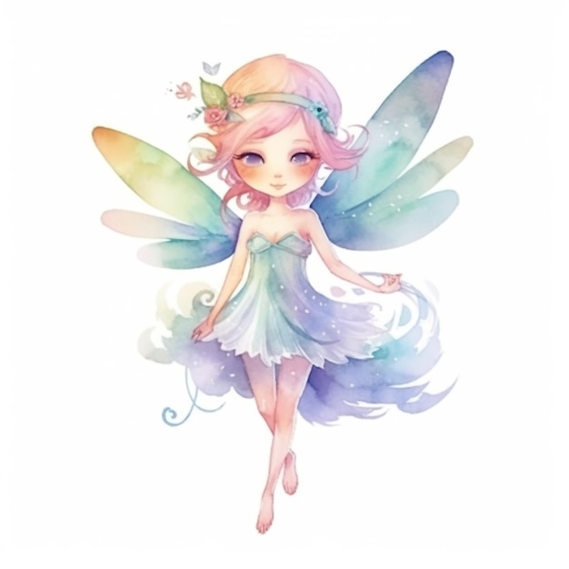 A watercolor illustration of a fairy with a rainbow on her head.