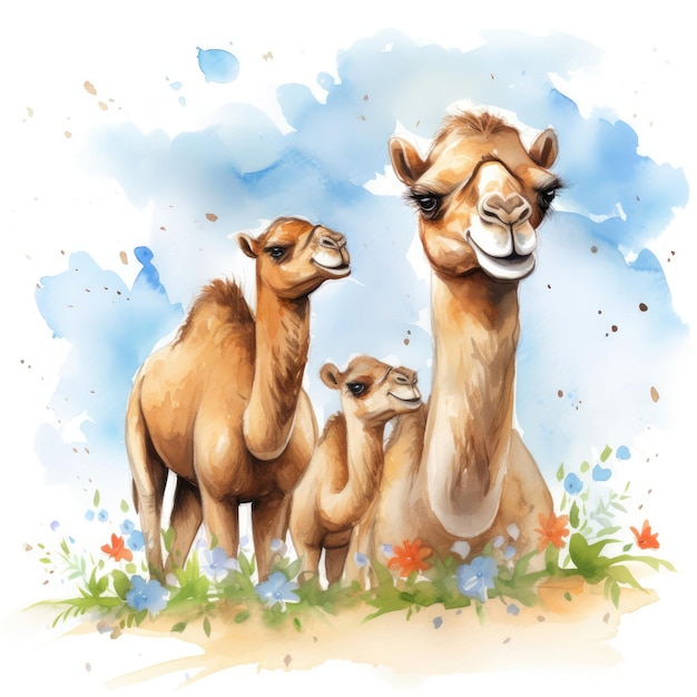 Watercolor illustration of a family of camels on a white background