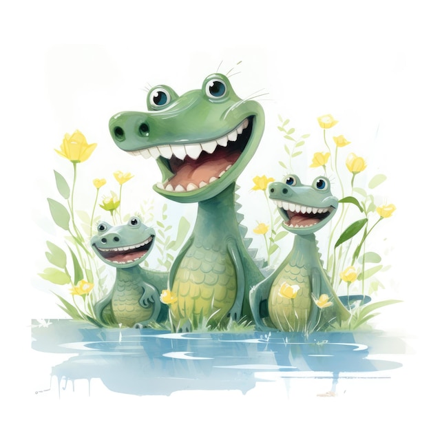 Photo watercolor illustration of a family of crocodiles on a white background