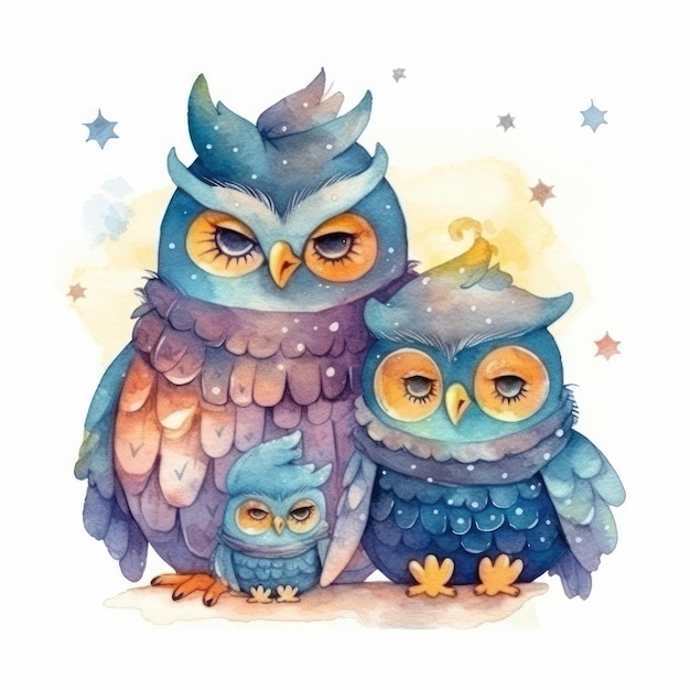 Watercolor illustration of a family of owls with their parents.