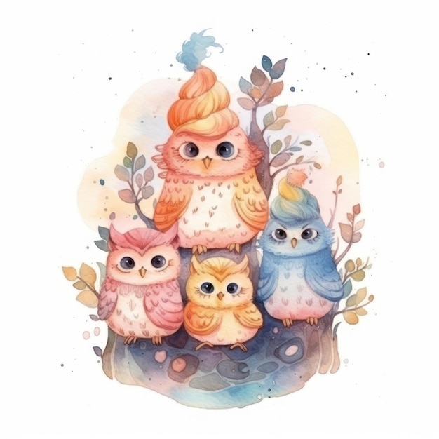 A watercolor illustration of a family of owls.