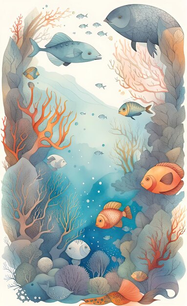 Watercolor illustration of a fantastic submarine tropical coral reefs deep sea wallpaper