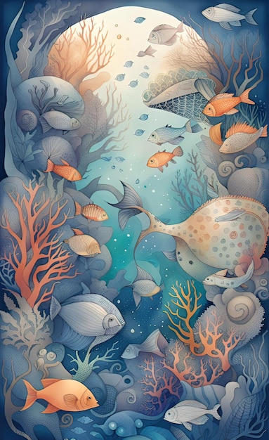 Watercolor illustration of a fantastic submarine tropical coral reefs deep sea wallpaper