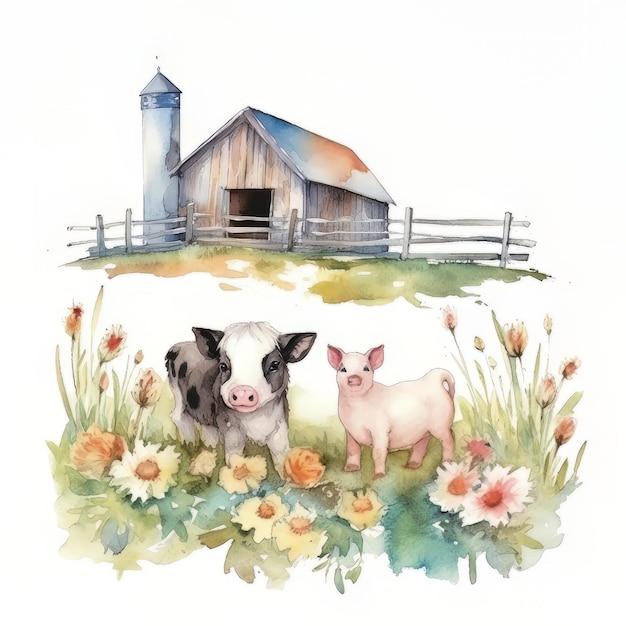 Photo watercolor illustration of a farm with a cow and a pig