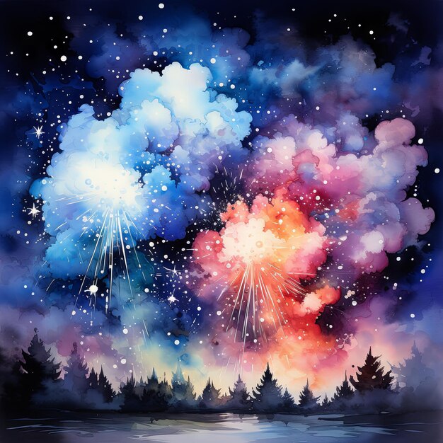 Watercolor illustration of a fireworks glittering bursts of silver and platinum