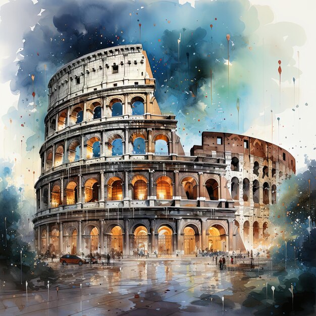 Photo watercolor illustration of a fireworks playful bursts of lemon yellow and mint over the colosseum