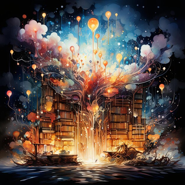 Foto illustrazione ad acquerello di un fuochi d'artificio esplosioni surreali di libri e rotoli galleggianti