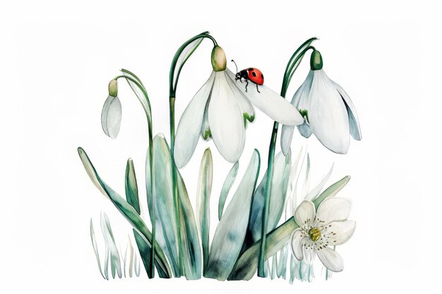 Watercolor illustration of first spring flowers