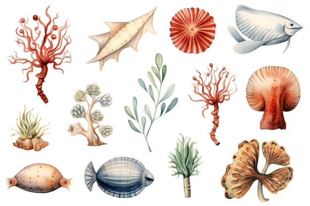 A watercolor illustration of fish and corals and other sea creatures