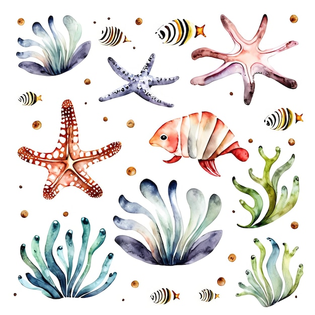 A watercolor illustration of fish and corals