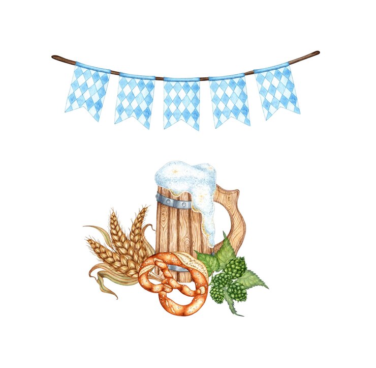 Photo watercolor illustration of flags beer pretzel green hops ears of wheat and grain harvest oktoberfest