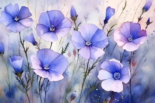 Watercolor Illustration Flax Flowers Generative AI