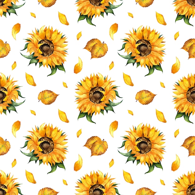 Watercolor illustration of a floral pattern of sunflower and leaves Seamless repeating print