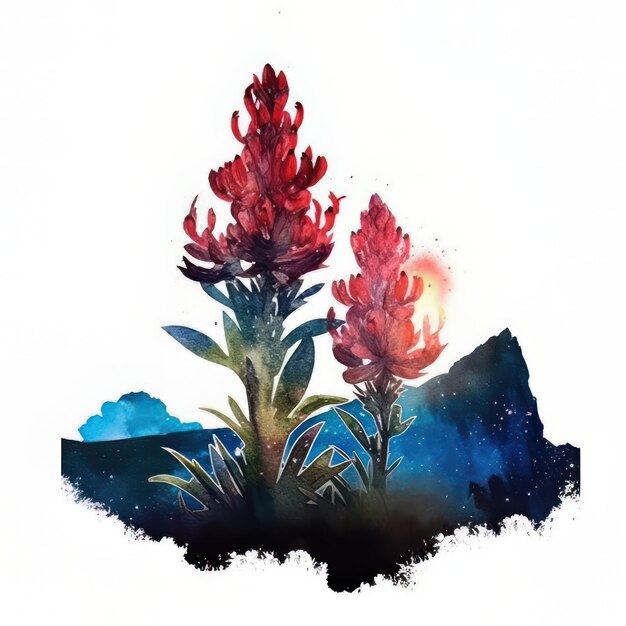 Watercolor illustration of a flower on a background of a night sky