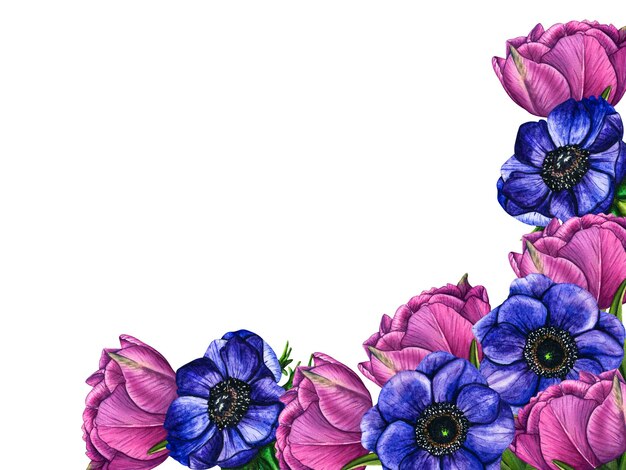 Foto illustrazione in acquerello di cornice di composizione floreale bouquet per sfondo di biglietto di auguri o volantino tulipani anemone viola 8 marzo giornata internazionale della donna giornata delle madri