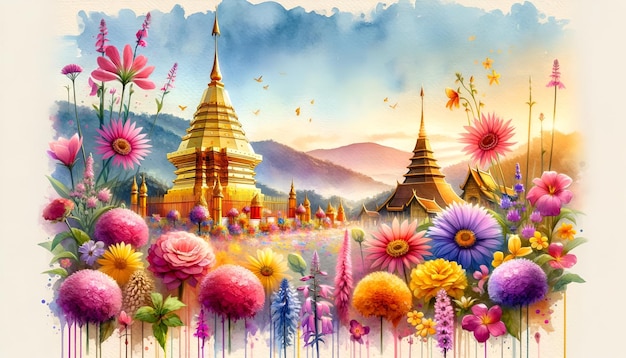 Watercolor illustration of flower festival in chiang mai