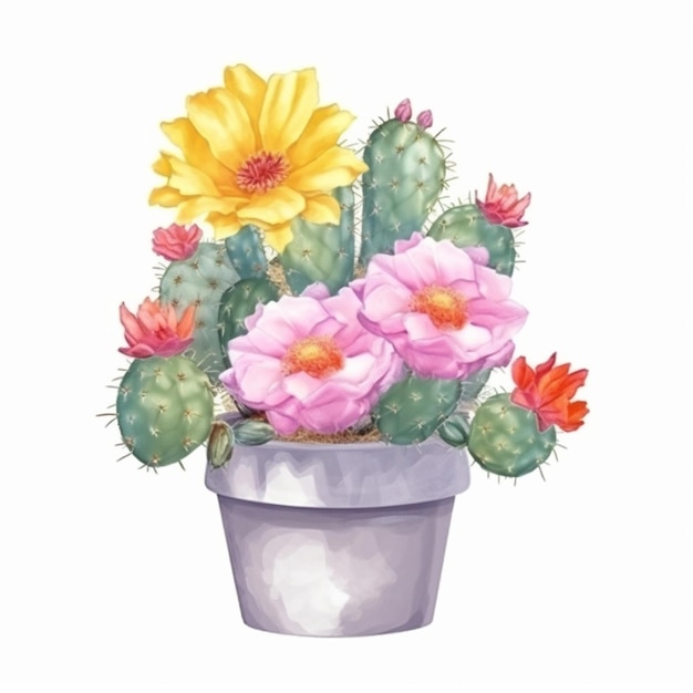 Watercolor illustration of a flower pot with a yellow flower and a red flower.