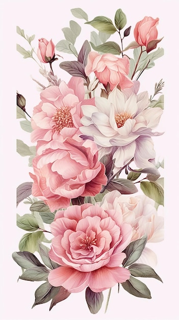 A watercolor illustration of flowers by peonies