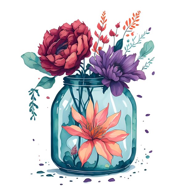 A watercolor illustration of flowers in a jar