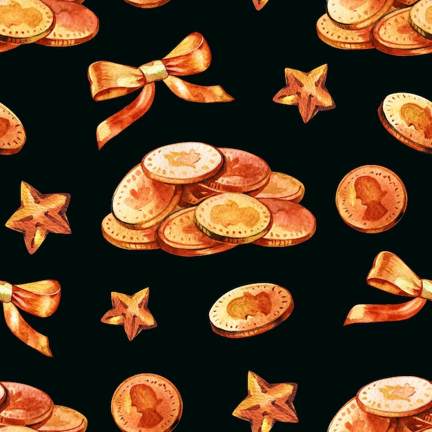 Photo watercolor illustration flying golden absract coins in different positions with hand drawn watercolor texture isolated on white background seamless ornament pattern
