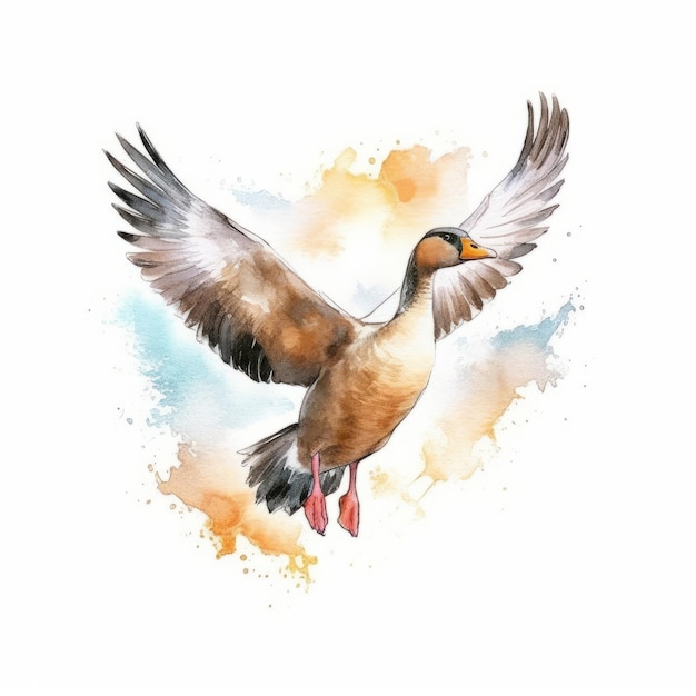 Watercolor illustration of a flying goose isolated on a white background