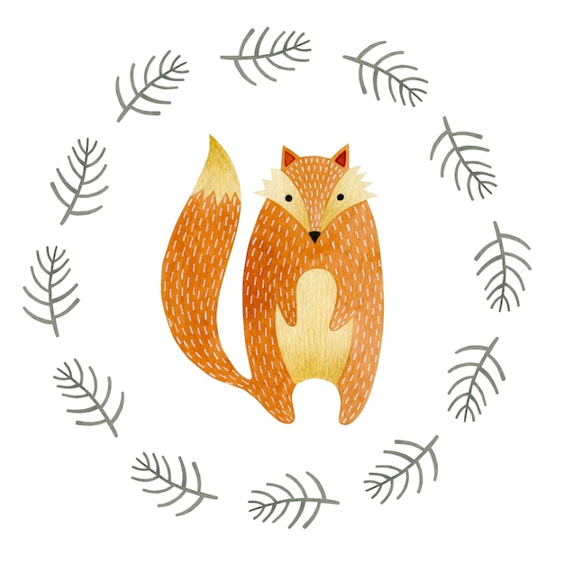 Watercolor illustration of a fox in the Scandinavian style