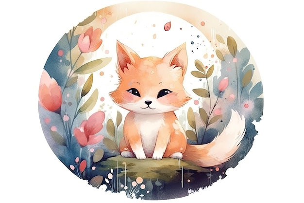 A watercolor illustration of a fox sitting in a flower garden.