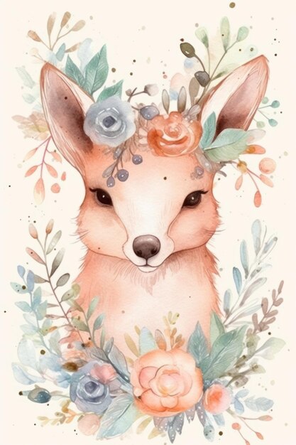 Watercolor illustration of a fox with flowers