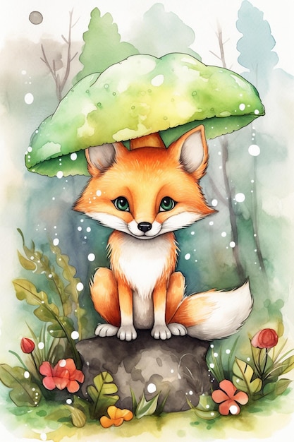 A watercolor illustration of a fox with a green eyes sits on a rock under a green mushroom.