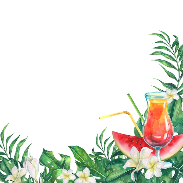 Watercolor illustration frame of tropical leaves fruit and\
cocktail with plumeria flowers watermelon and cocktail tubes for\
menus postcard design invitations presentations information\
board