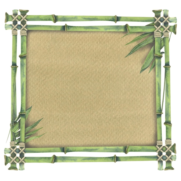 Watercolor illustration frame with bamboo stems and leaves With jute rope square For decoration and design menus posters postcards invitations prints