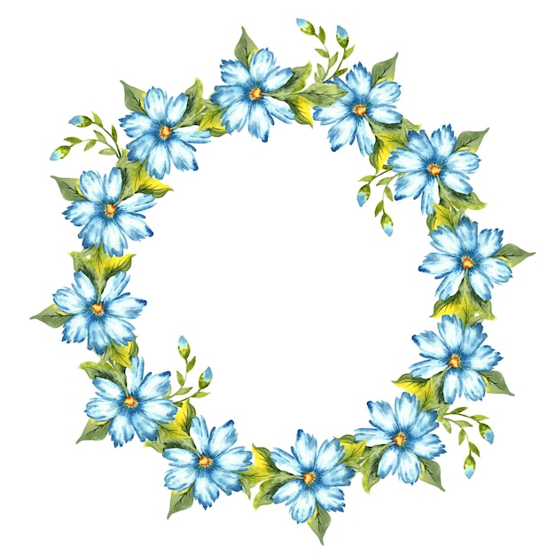 Foto illustrazione ad acquerello di una cornice di una corona di fiori blu con boccioli colori indaco cobalto cielo blu e blu classico ottimo motivo per inviti di nozze di cancelleria per la casa della cucina