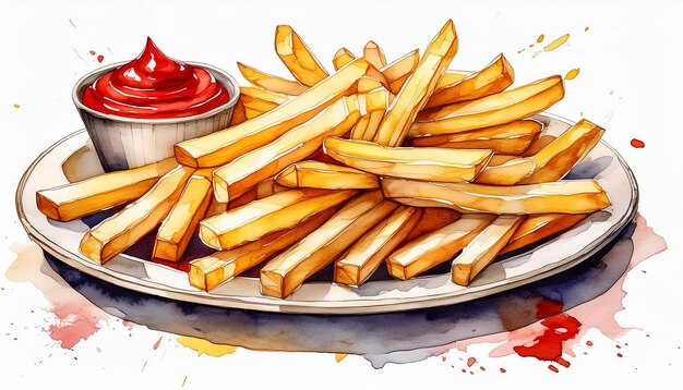 Photo watercolor illustration of french fries and bowl of ketchup tasty fast food delicious meal