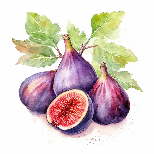 Photo watercolor illustration fresh ripe purple fig fruit and slices with leaf isolated on white