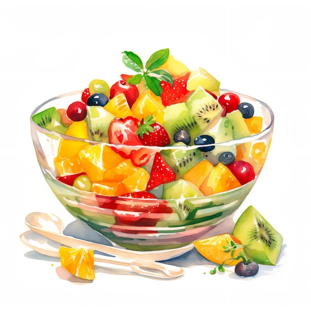 Photo watercolor illustration of fruit salad blueberry strawberry pineapple banana