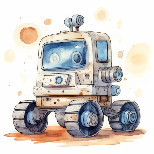 Watercolor illustration of a funny space robot