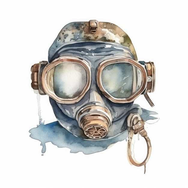 Watercolor illustration of a gas mask.