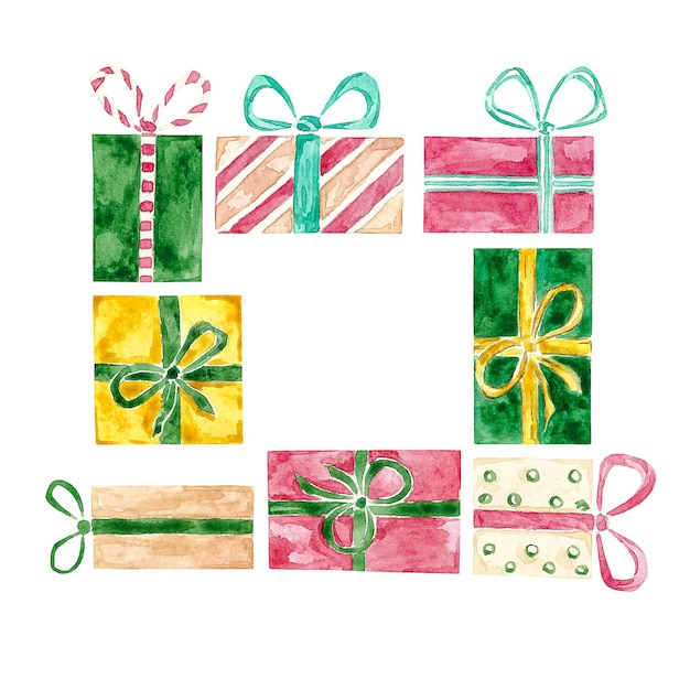 Photo watercolor illustration of gift boxes with bows